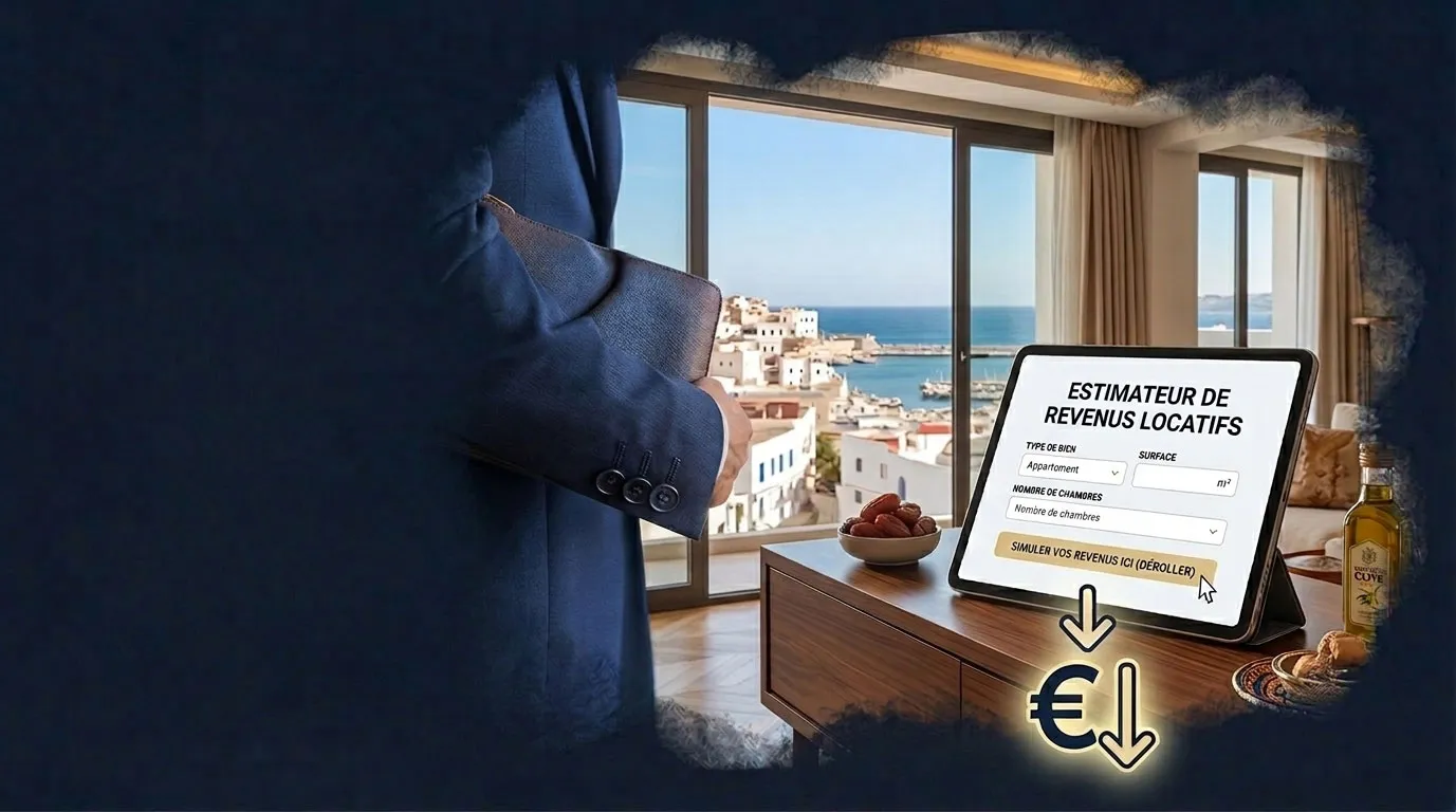Hombre en traje junto a un ventanal con vistas a la medina y el puerto de Tánger; una tableta que muestra un simulador de ingresos por alquiler sobre un aparador