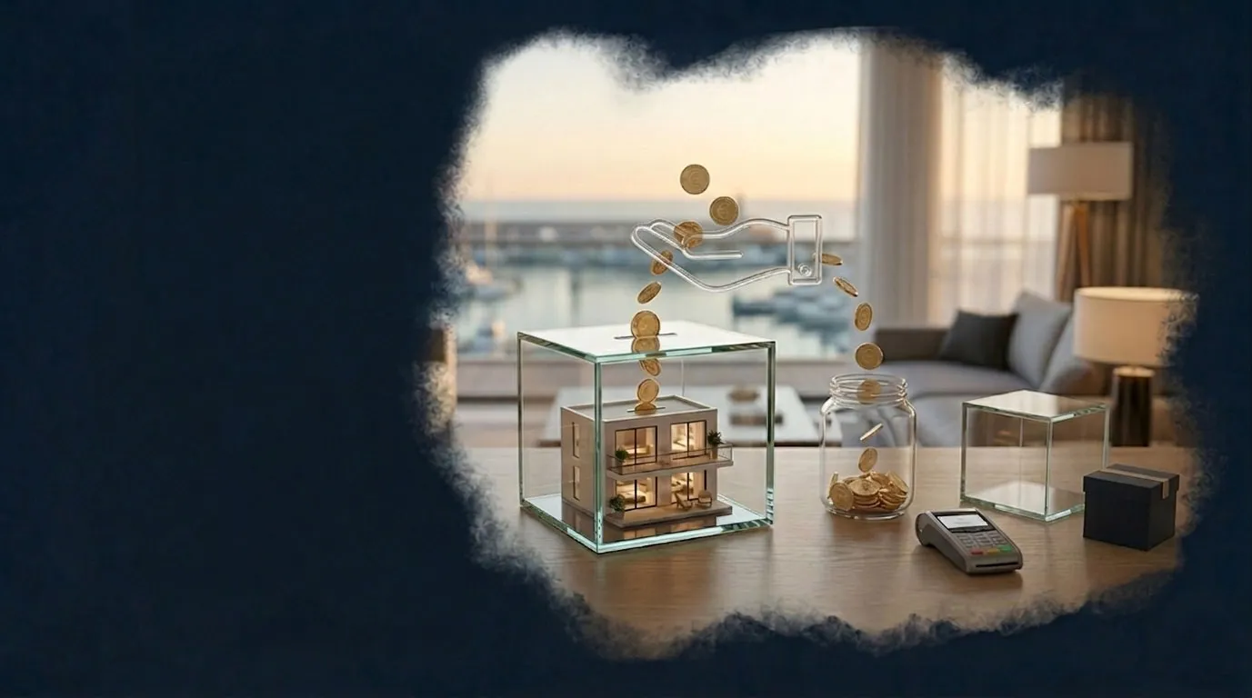 Ilustración de una tarificación transparente: un apartamento en miniatura dentro de una hucha de cristal en la que caen monedas de oro, ante una vista del puerto de Tánger al atardecer